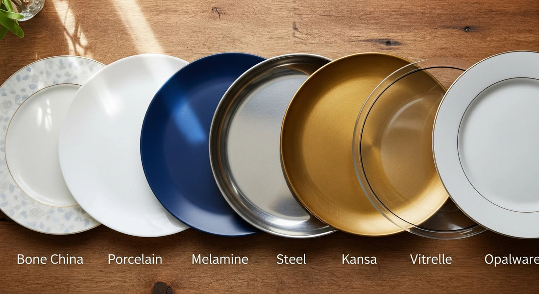 A hero banner for a blog showcasing seven patterned dining plates made of Bone China, porcelain, Melamine, steel, Kansa, Vitrelle, and opalware.