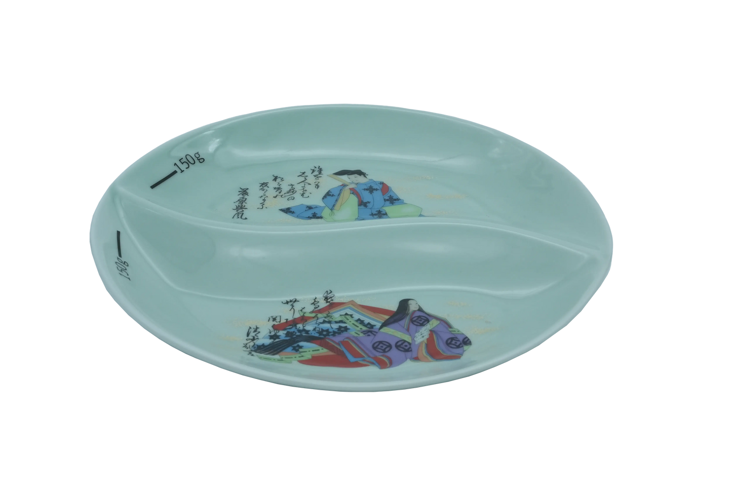 Isometric view of a light green two-sectional ceramic dining plate with 150g markings, featuring traditional Japanese Heian-style courtier illustrations in Blue & green and golden calligraphy