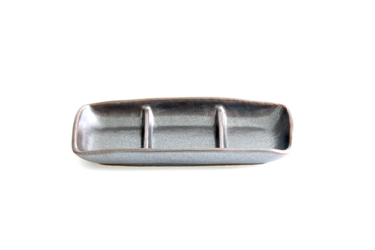 The Gourmet Trio Dish, a handcrafted three-section ceramic plate with an elegant glaze, perfect for serving dips, condiments, and appetizers in style.