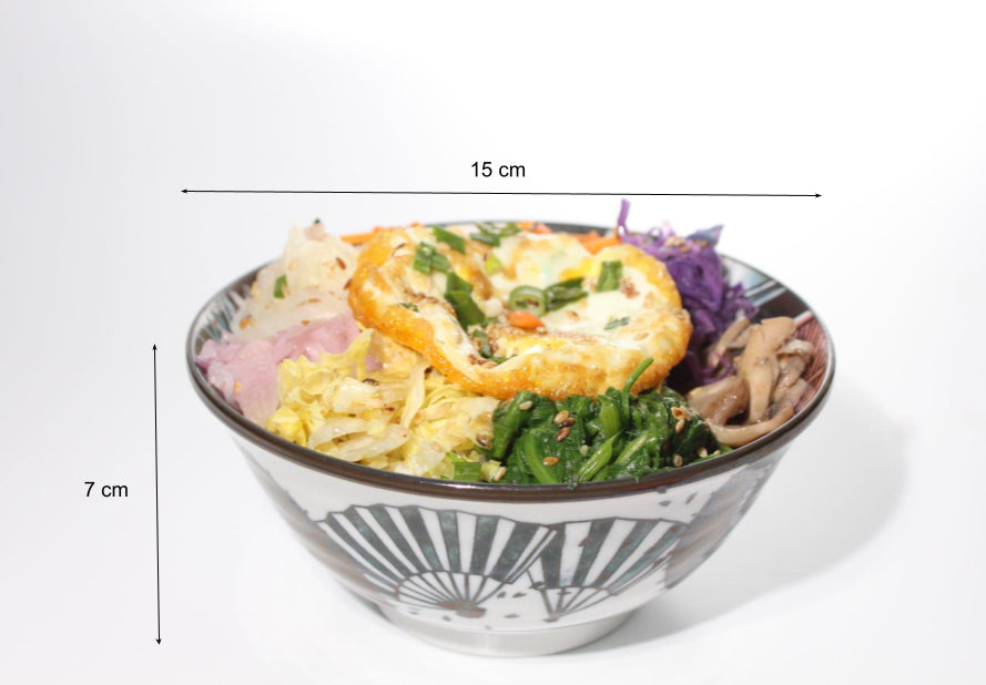 Porcelain noodle bowl with Japanese fan print