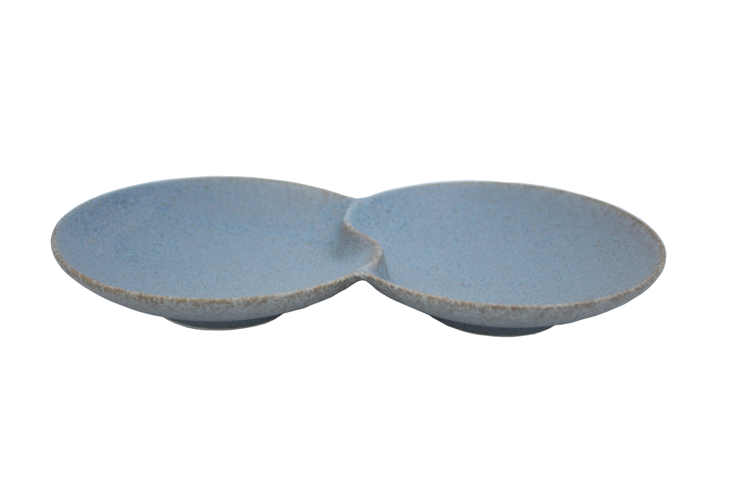 An isometric view of the Missera Hotate, a light gray ceramic divided serving dish with two circular sections joined in the center like a clam shell. Perfect as a multi compartment serving dish for snacks and dips.