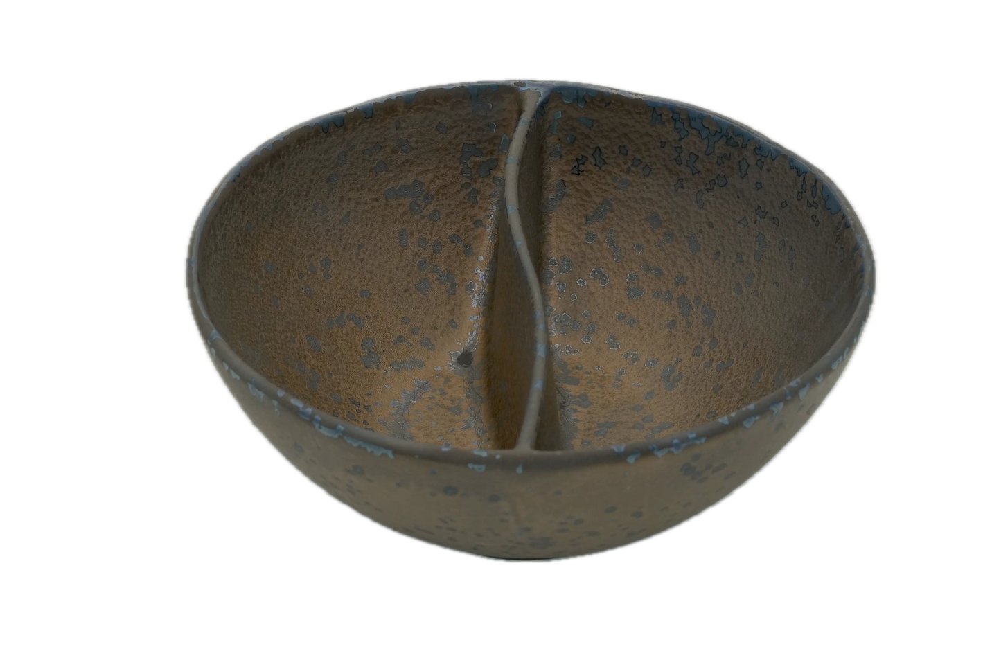 An isometric view of the Missera Kari, a deep, bronze ceramic divided bowl