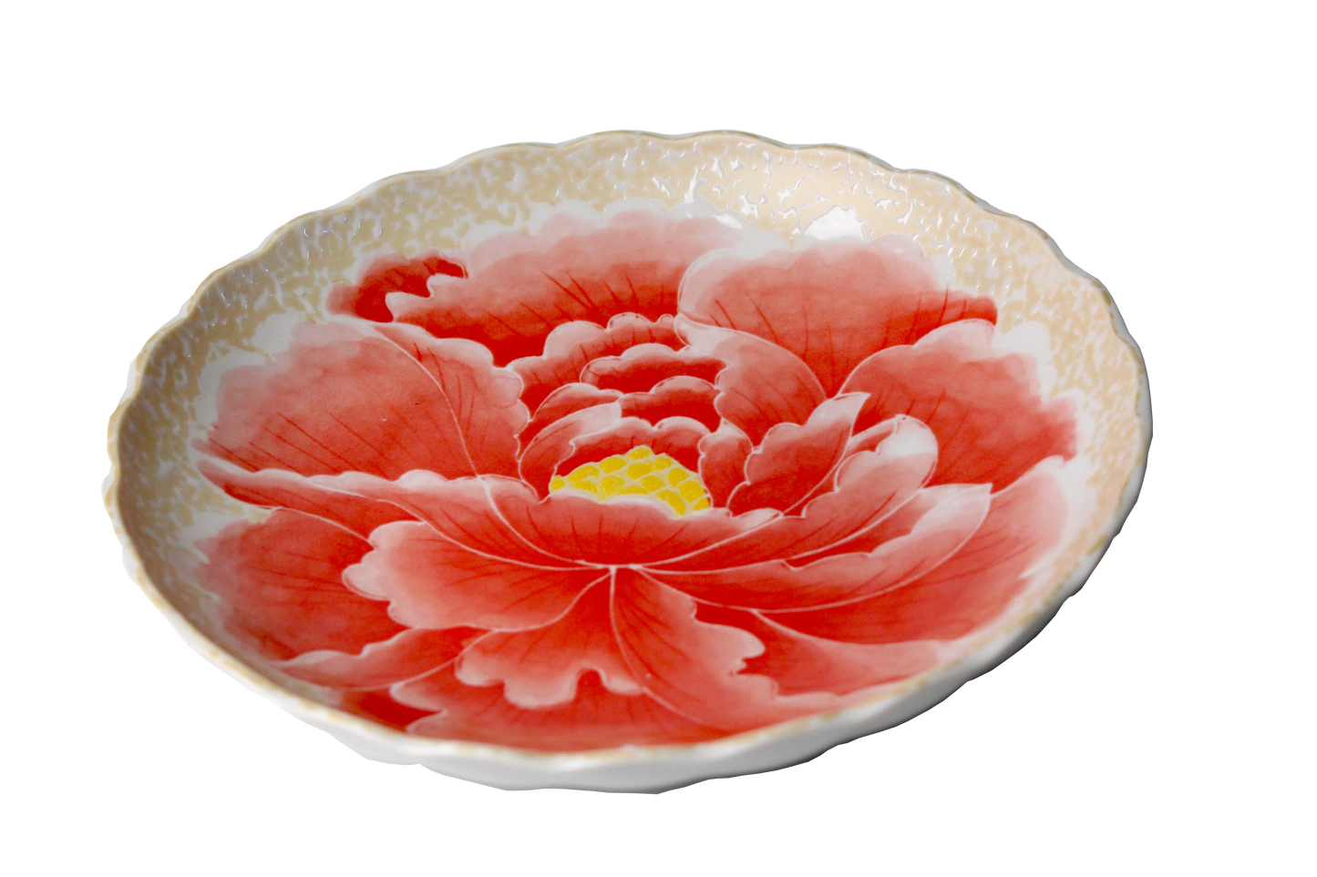 A beautifully crafted red ceramic dining plate featuring a hand-painted peony flower design with delicate gold accents, ideal for sophisticated dining and serving.