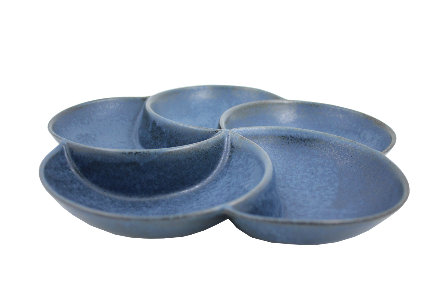 Isometric view of a divided navy blue diet plate with 5 sections for portion control, stylized as a flower.