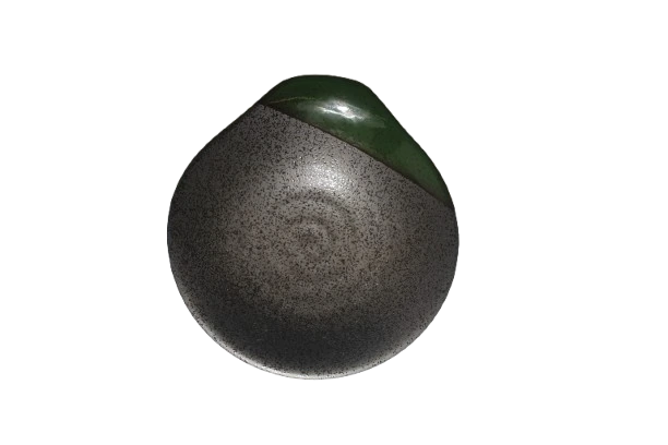 Textured dual tone serving bowl with a handle top view. Its green & grey in color.