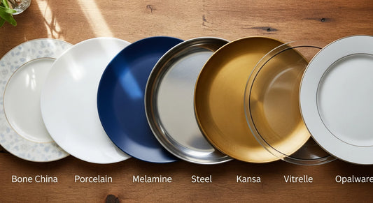 A hero banner for a blog showcasing seven patterned dining plates made of Bone China, porcelain, Melamine, steel, Kansa, Vitrelle, and opalware.