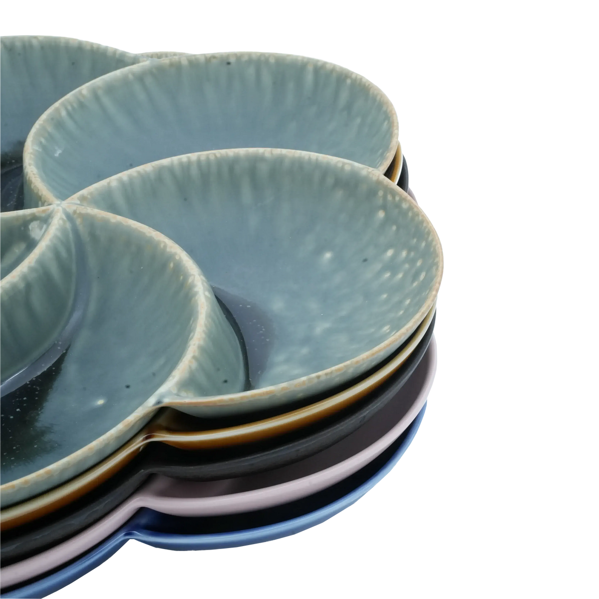 A set of 5 Three-sectional dining plates stacked on top of each other