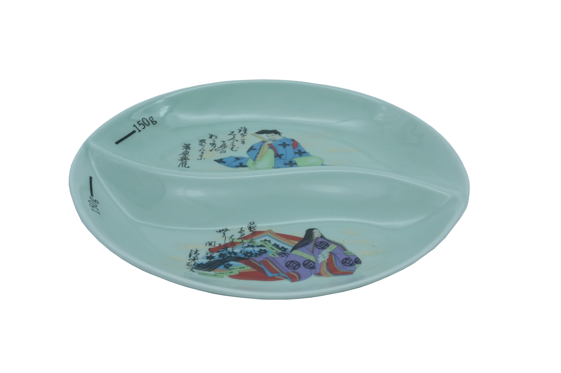 Isometric view of a light green two-sectional ceramic dining plate with 150g markings, featuring traditional Japanese Heian-style courtier illustrations in Blue & green and golden calligraphy
