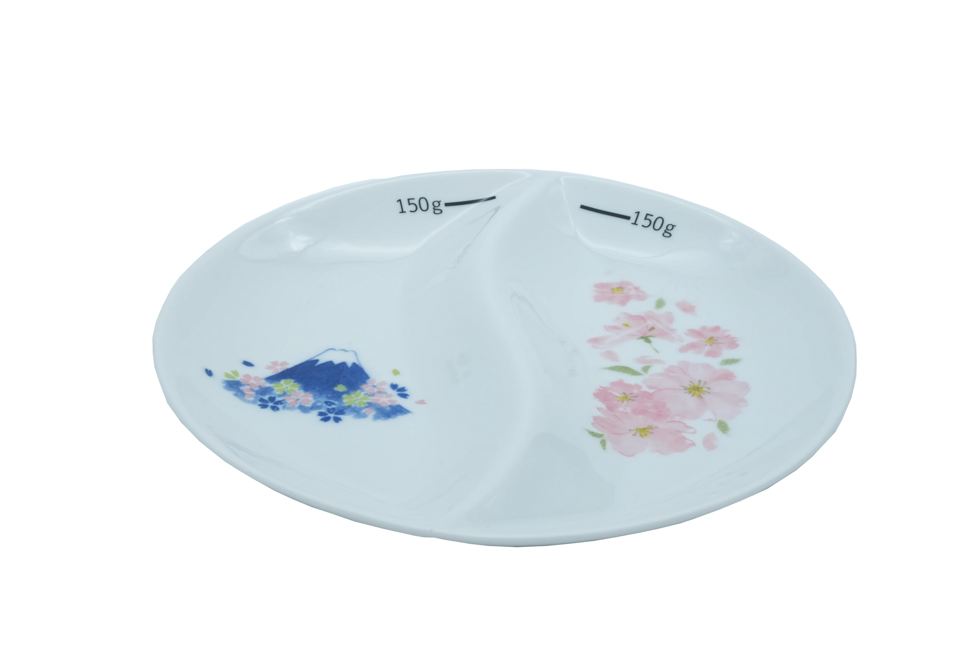 Isometric view of a white two sectional thali or divided plate with 150g markings, featuring Mount Fuji & cherry blossoms designs