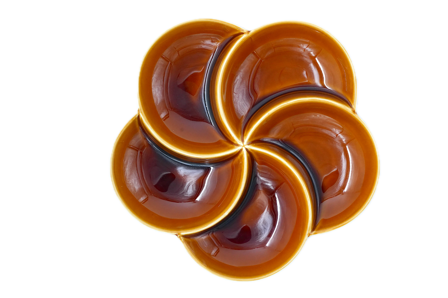Top view of a 5-section amber porcelain sectional thali for mindful eating and portion control of Indian meals.