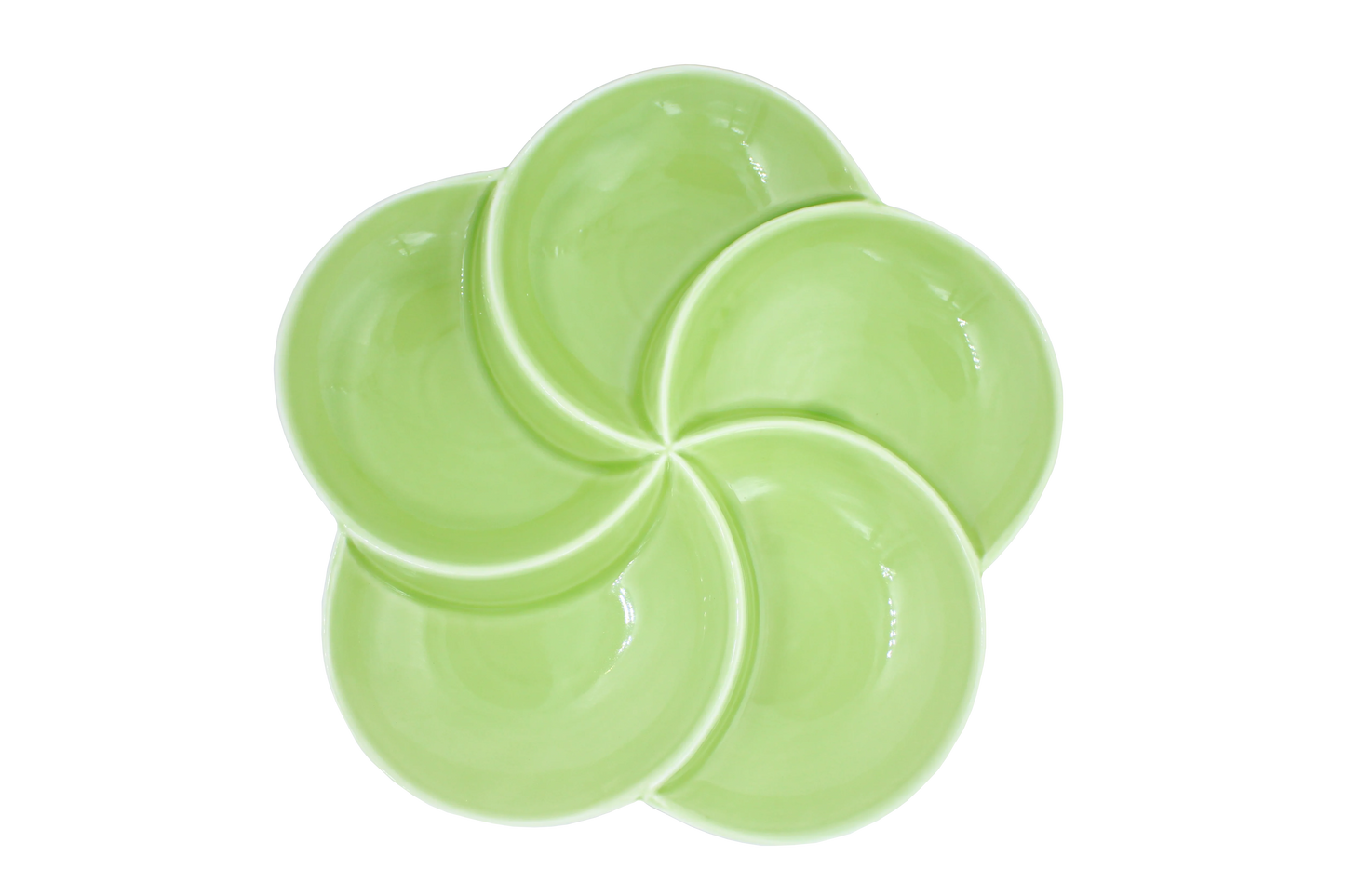 Top view of a 5-section green porcelain sectional thali for mindful eating and portion control of Indian meals.