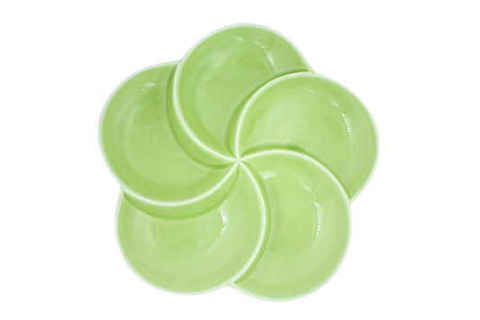 Top view of a 5-section green porcelain sectional thali for mindful eating and portion control of Indian meals.