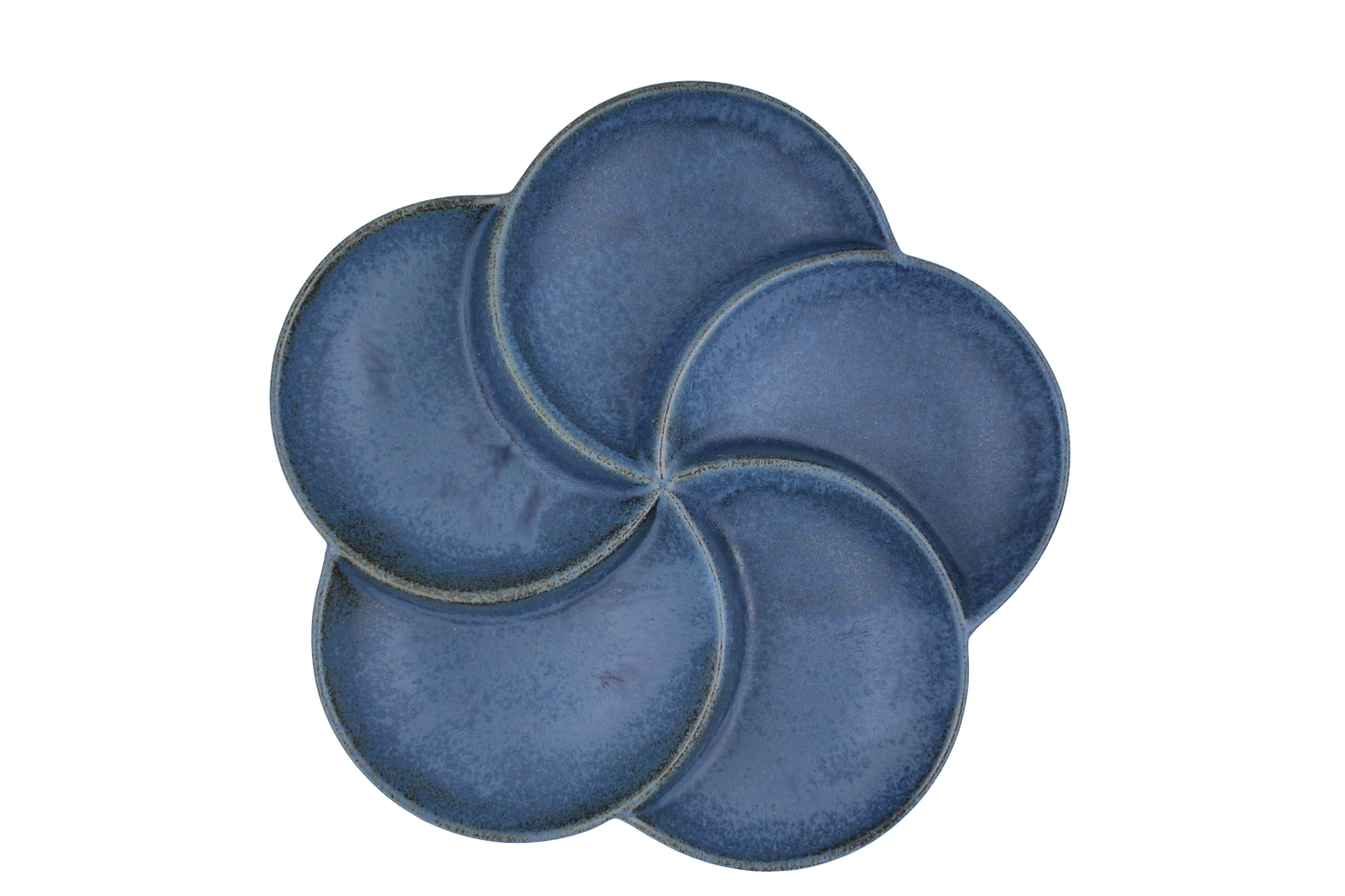 Top view of a 5-section blue porcelain sectional thali for mindful eating and portion control of Indian meals.