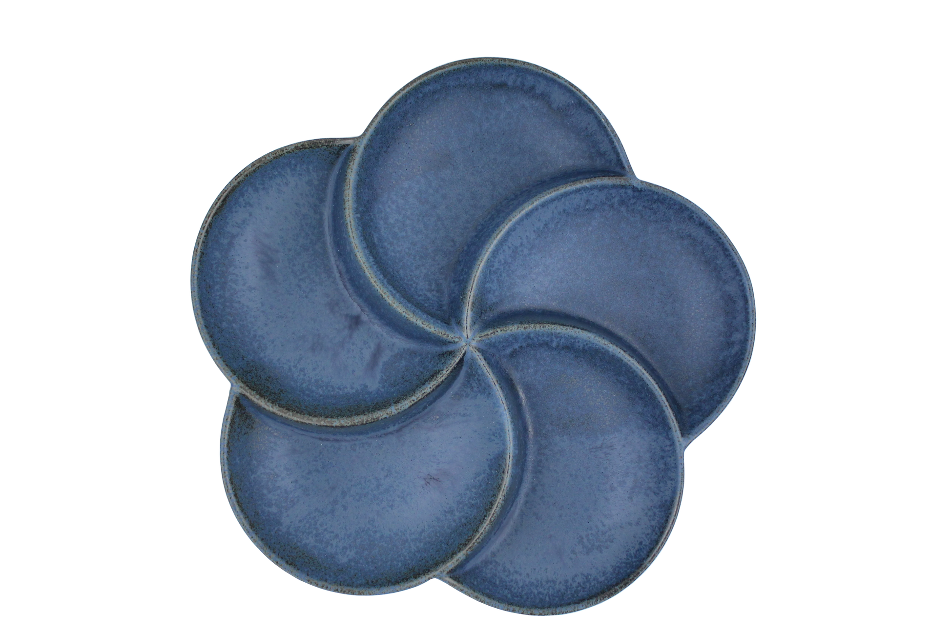 Top view of a 5-section blue porcelain sectional thali for mindful eating and portion control of Indian meals.