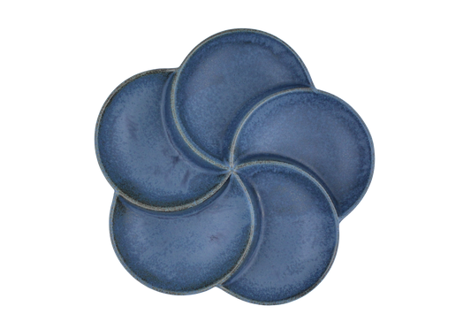 Top view of a 5-section blue porcelain sectional thali for mindful eating and portion control of Indian meals.