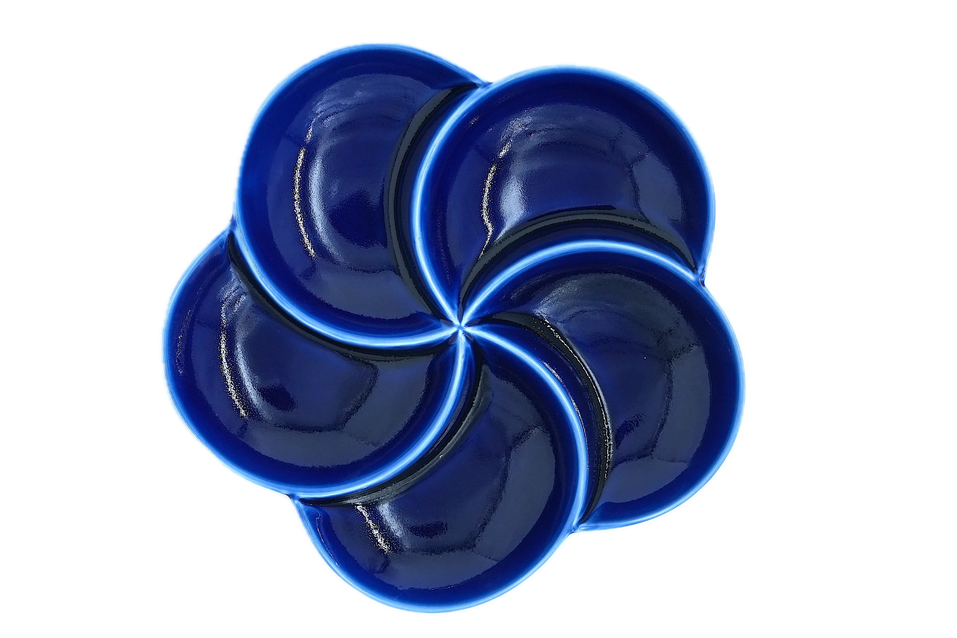 Top view of a 5-section ultramarine blue porcelain sectional thali for mindful eating and portion control of Indian meals.