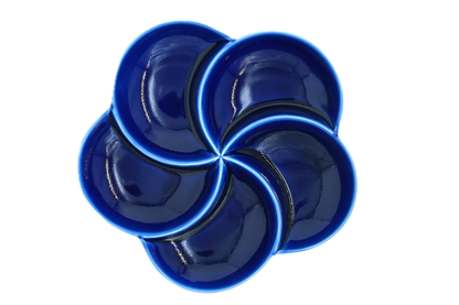 Top view of a 5-section ultramarine blue porcelain sectional thali for mindful eating and portion control of Indian meals.
