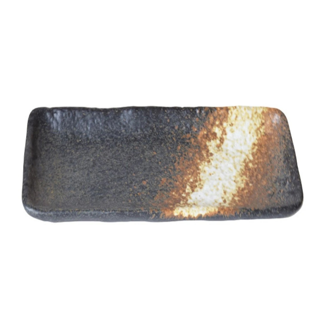 Rectangular Ceramic and textured snack plate or a small plate which is charcoal grey in color with yellow & brown streaks.