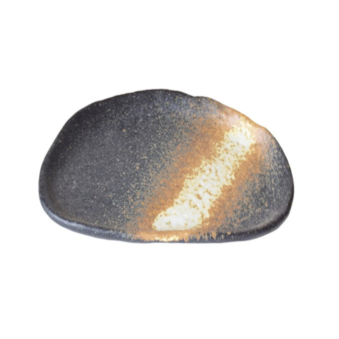 Semicircular Ceramic and textured snack plate or a small plate which is charcoal grey in color with yellow & brown streaks.