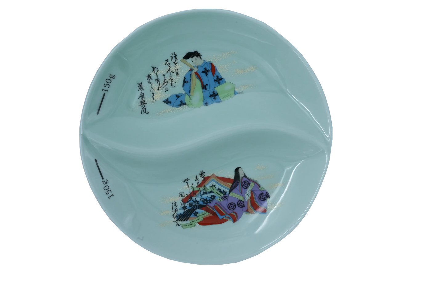 Top view of a light green two-sectional ceramic dining plate with 150g markings, featuring traditional Japanese Heian-style courtier illustrations in Blue & green and golden calligraphy