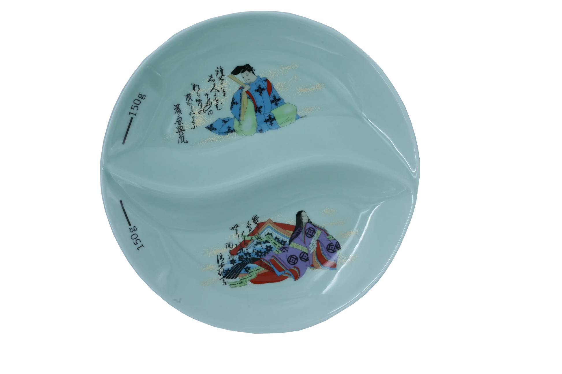 Top view of a light green two-sectional ceramic dining plate with 150g markings, featuring traditional Japanese Heian-style courtier illustrations in Blue & green and golden calligraphy