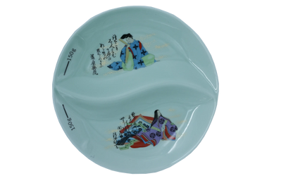 Top view of a light green two-sectional ceramic dining plate with 150g markings, featuring traditional Japanese Heian-style courtier illustrations in Blue & green and golden calligraphy