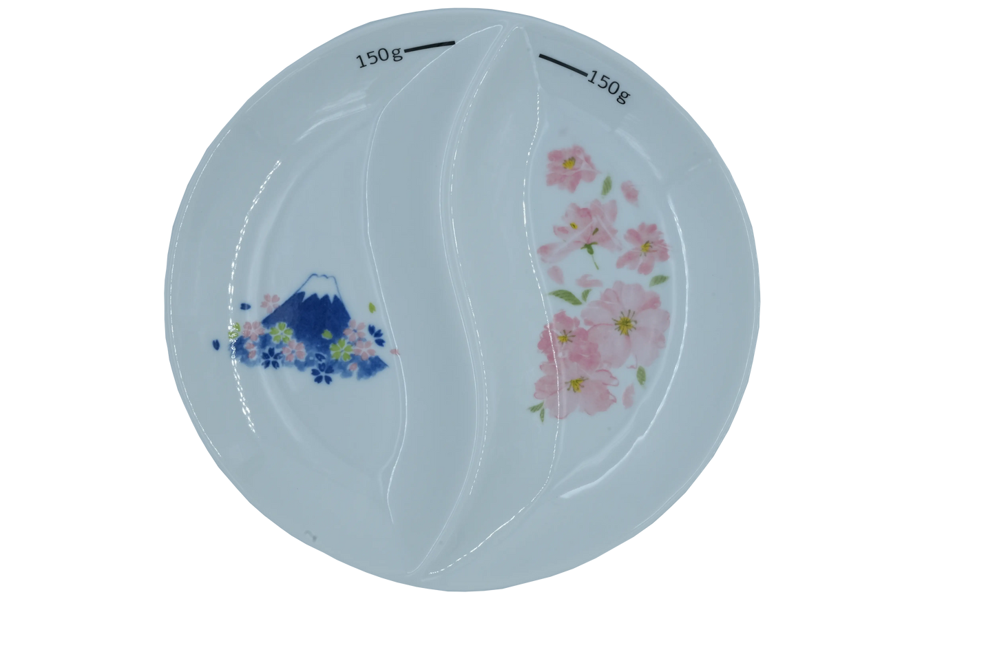 Top-down view of a white two sectional thali or divided plate with 150g markings, featuring Mount Fuji & cherry blossoms designs