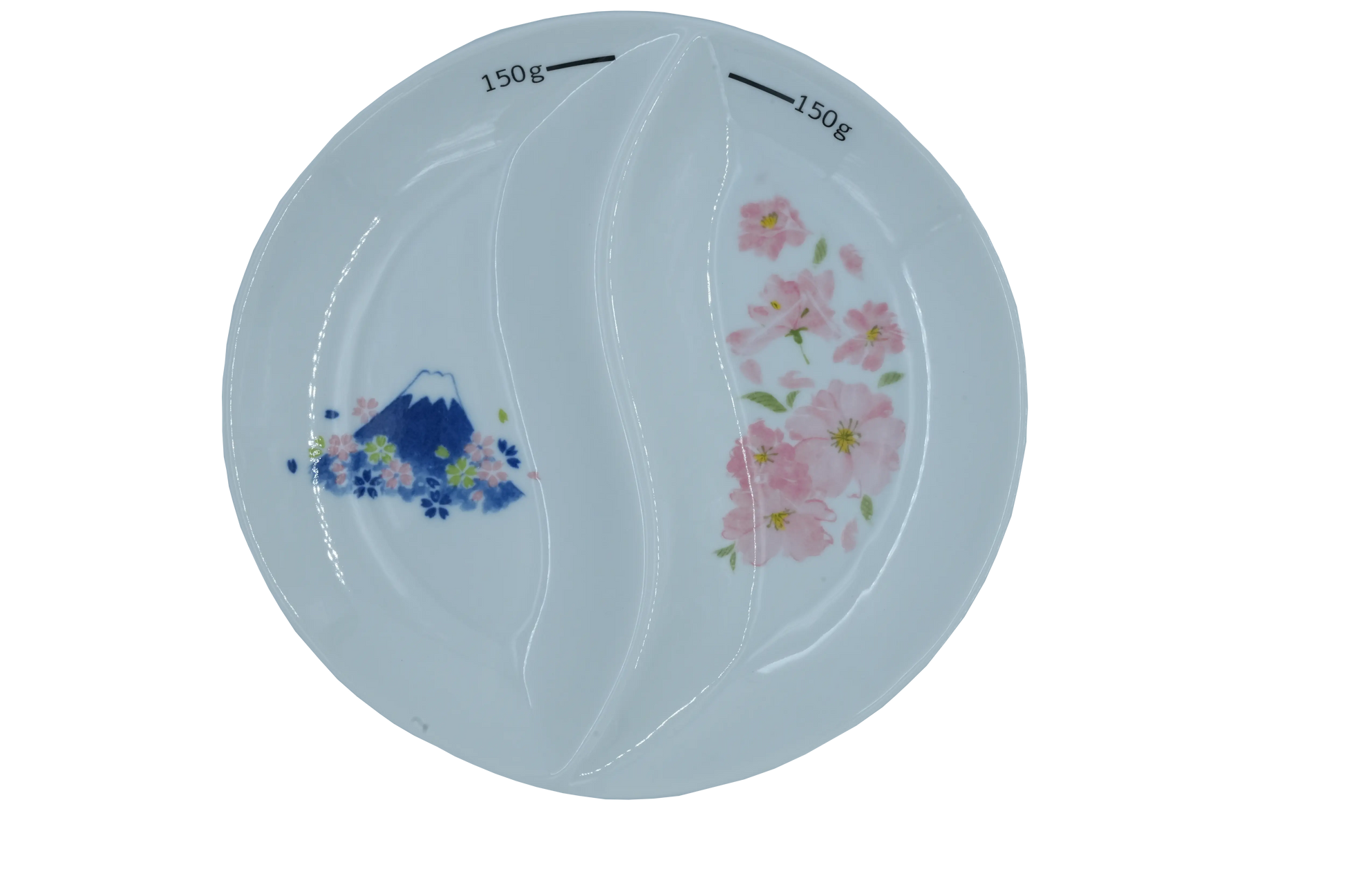 Top-down view of a white two sectional thali or divided plate with 150g markings, featuring Mount Fuji & cherry blossoms designs