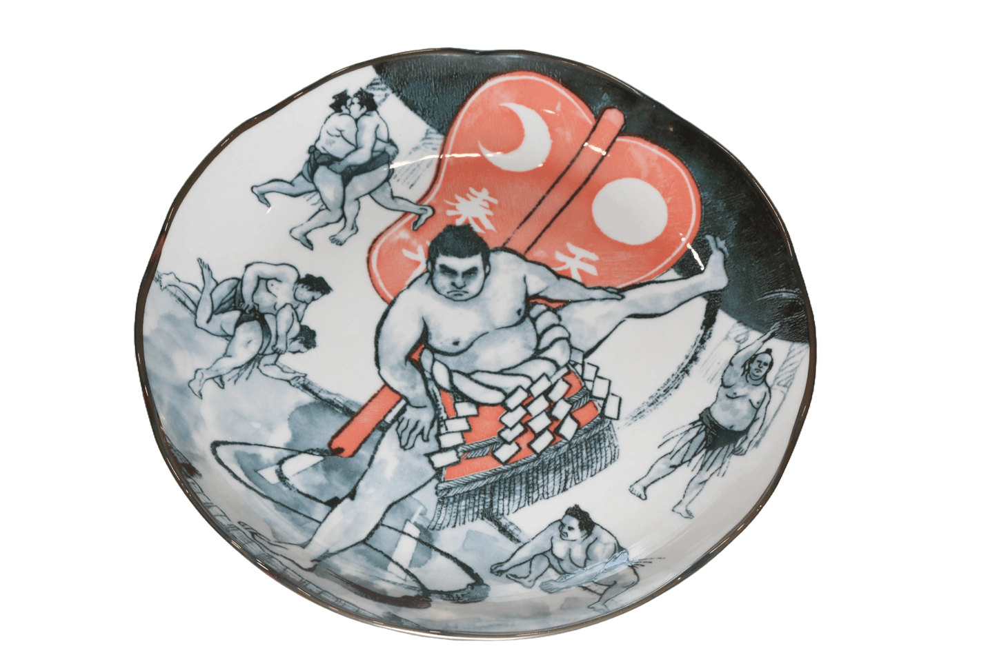 Porcelain Japanese dining plate with 5 sumo wrestlers fighting in many poses.