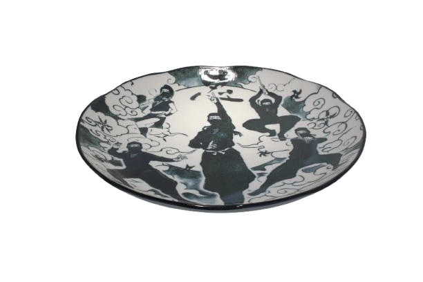 Japanese porcelain dining plate with ninjas in many fighting poses in isometric view