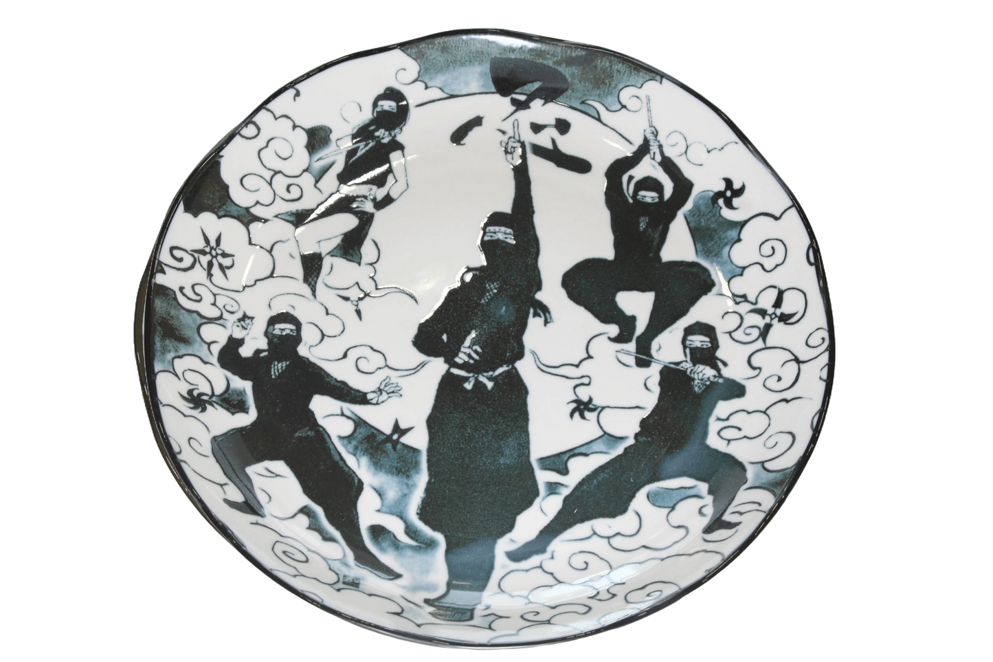 Japanese porcelain dining plate with ninjas in many fighting poses from top view