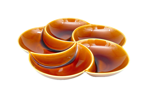 Isometric view of a divided amber diet plate with 5 sections for portion control, stylized as a flower.