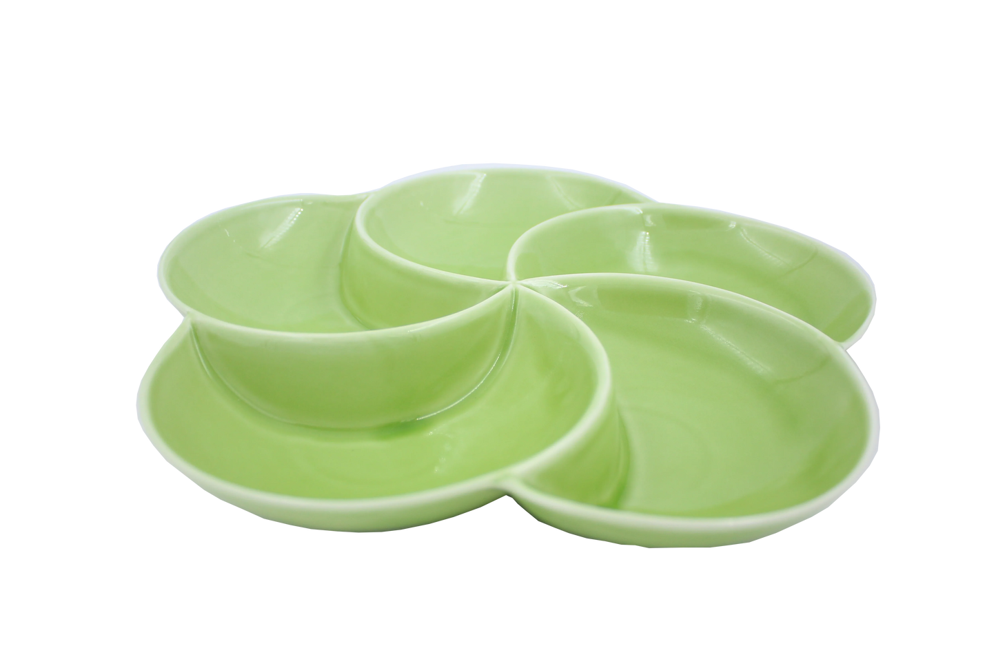 Isometric view of a divided green diet plate with 5 sections for portion control, stylized as a flower.