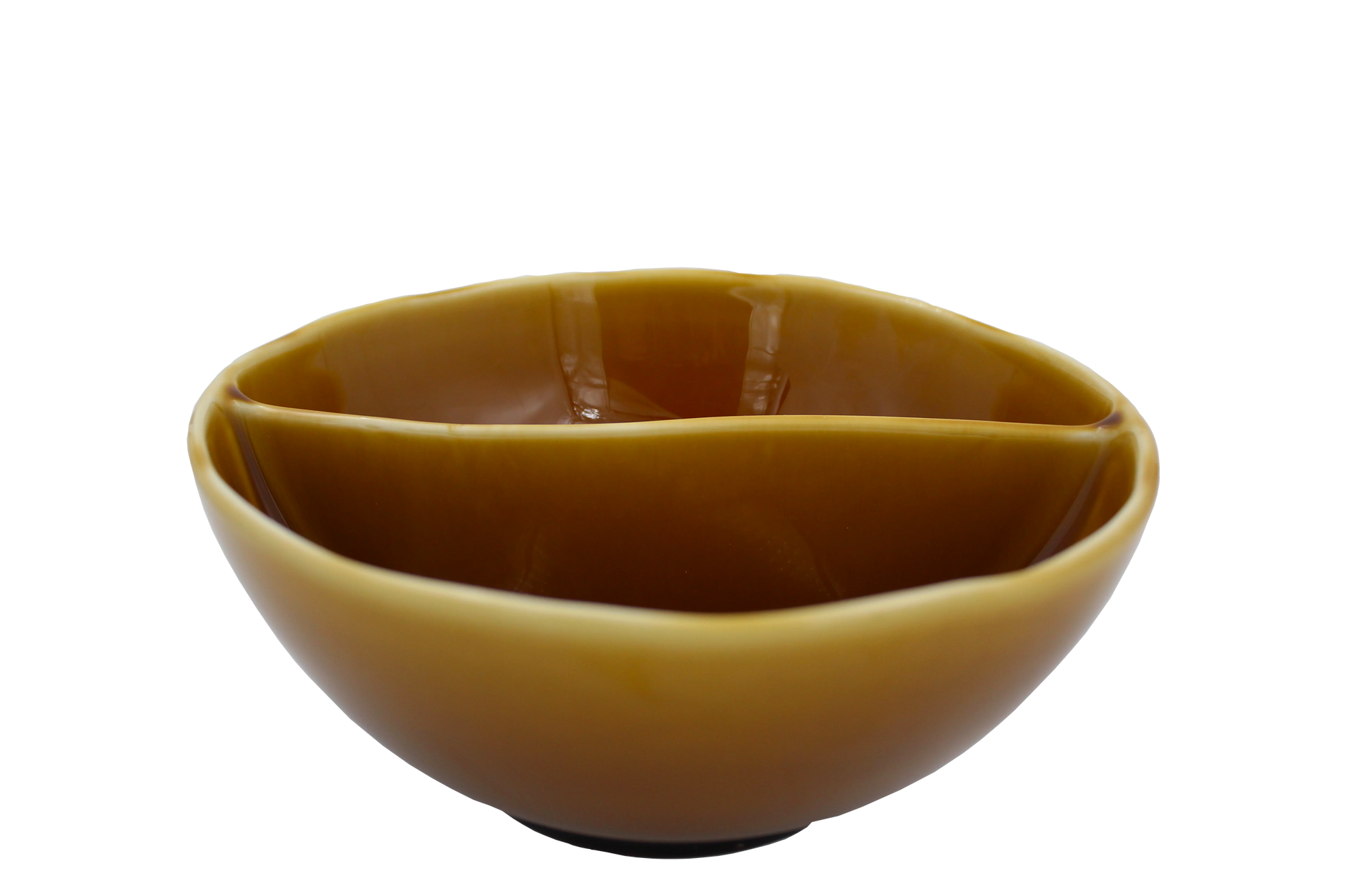 An isometric view of the Missera Kari, an amber colored divided bowl
