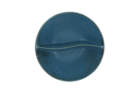 A top view of the Missera Kari bowl, a blue divided japanese bowl