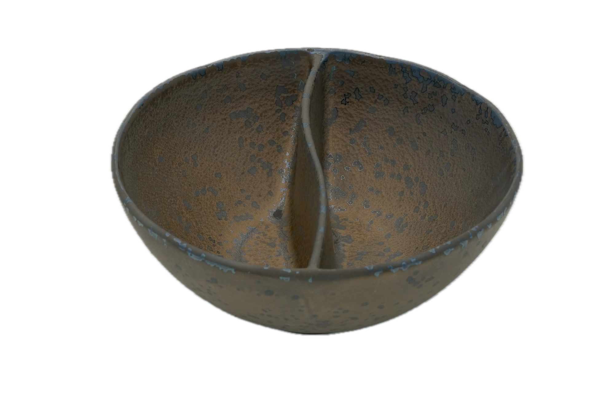 An isometric view of the Missera Kari, a deep, bronze ceramic divided bowl