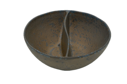 An isometric view of the Missera Kari, a deep, bronze ceramic divided bowl