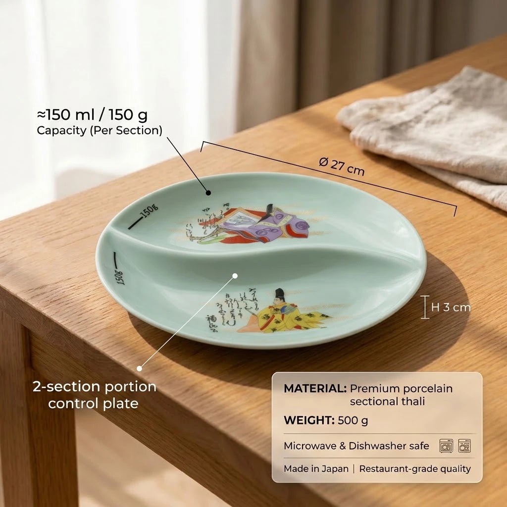 Denka 2-Section Portion Control Plate | 27 cm | Yellow & Purple Kimono Motif