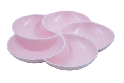 Isometric view of a divided pink diet plate with 5 sections for portion control, stylized as a flower.